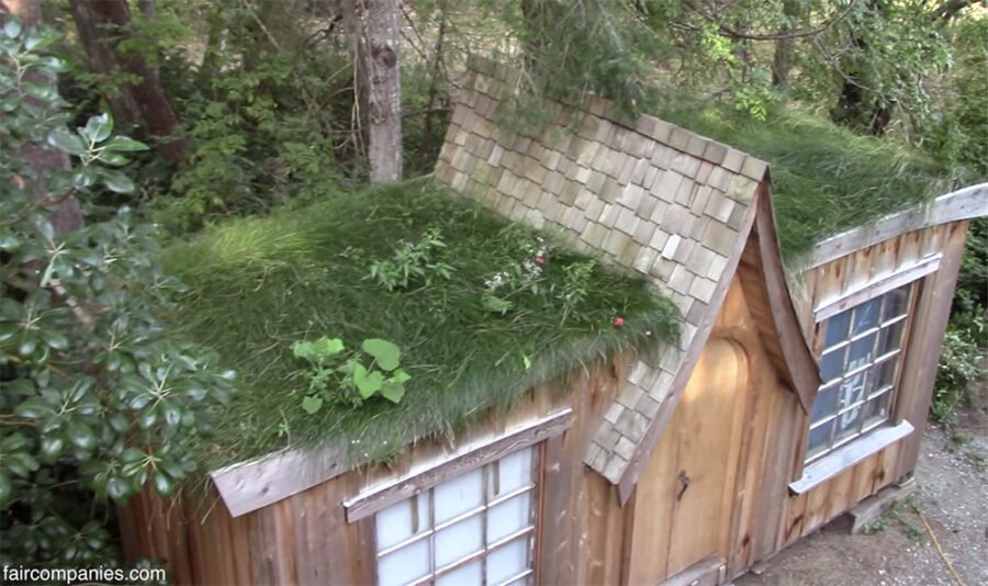 Radionica napravljena od kontejnera sa drvenom fasadom i zelenim krovom